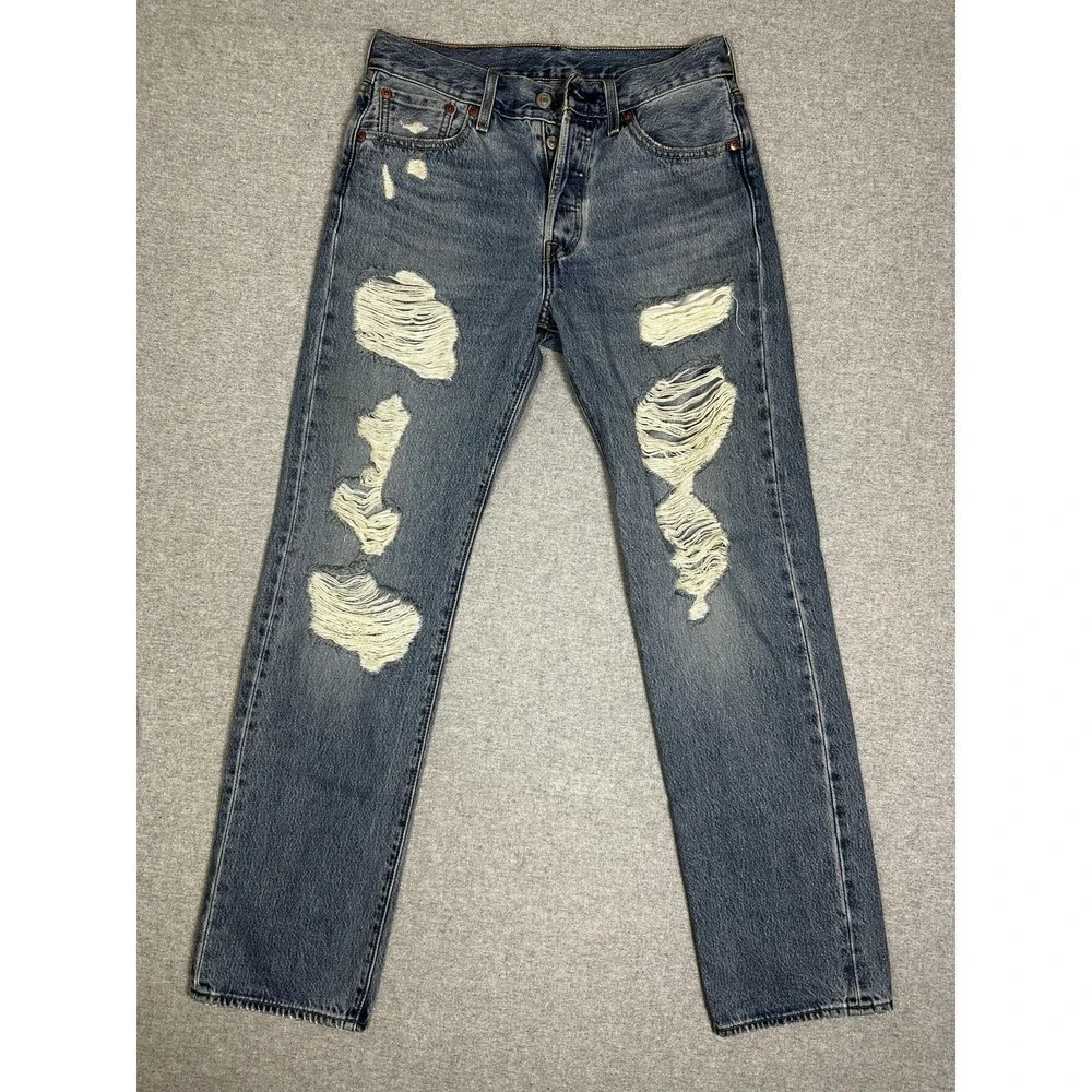 Levis‎ 501 Jeans 29x32 Blue Distressed Button Fly Straight Leg Denim Pants